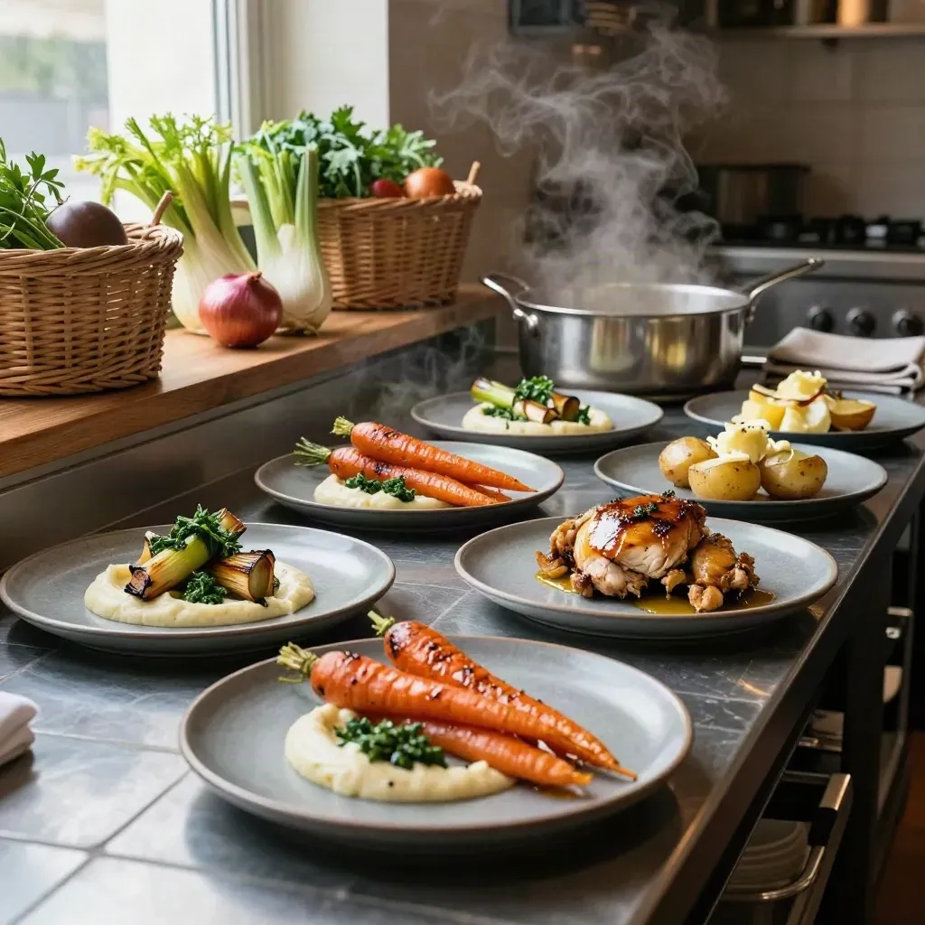 Bistropass med färdigpläterade rätter på stengods och råvarukorgar under, i varm köksdimmig stämning.